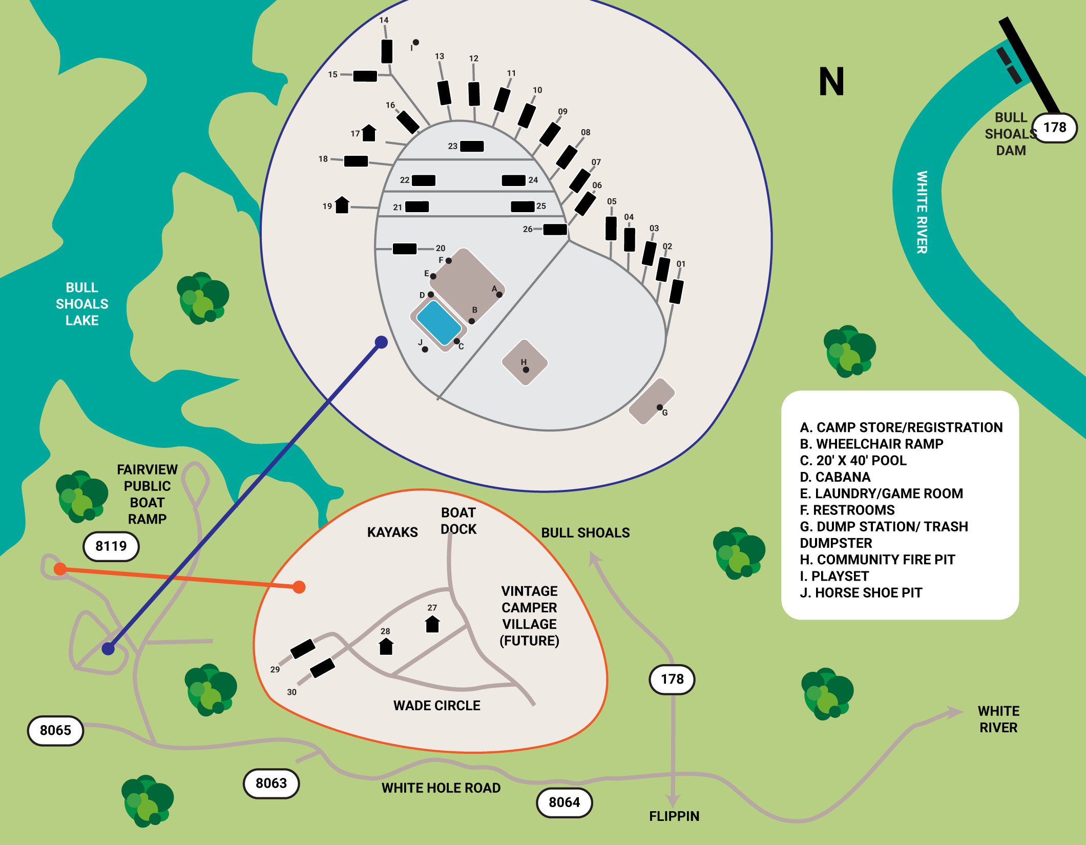 FourWardCast Family Campground map showing RV sites, cabins, pool, and amenities